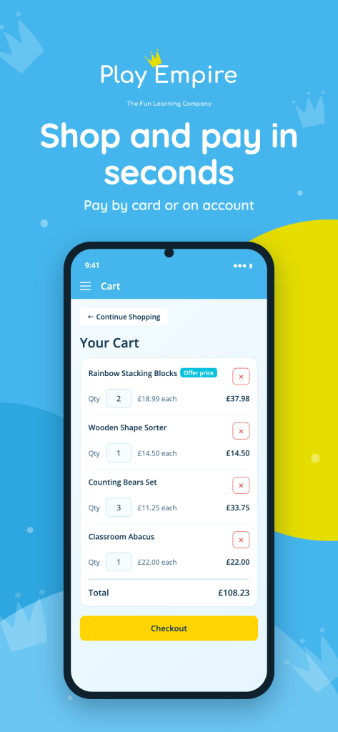 Store panel: shop and pay in seconds, showing the cart