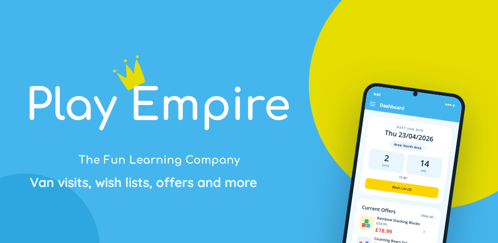 Play Empire app store artwork: the app's dashboard showing the next van run and current offers